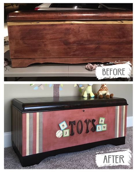 My husband had this cedar chest when we got married and stored blankets at the foot of the bed.  It was in bad shape.  It had multiple scratches with cracked and missing pieces of Veneer.  We moved last July and I never brought it into the house.  She passed away in March and I didn't want to let it go.  My sister actually said in passing that would make a great toy chest, and from there inspiration struck.  My husband and I would love to start a family and what a great way to remember hi... Chest Makeover, Start A Family, Heirloom Toys, We Got Married, General Finishes, Cedar Chest, Painting Furniture, Makeover Ideas, Let It Go