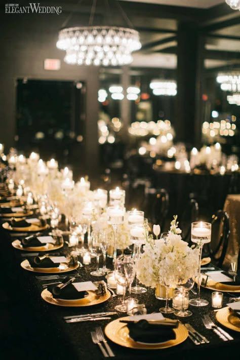 Black And Gold Wedding Table, Gold Wedding Centerpieces, Gold Table Setting, Gold Wedding Reception, Black And Gold Wedding, Black Gold Wedding, Gold Wedding Inspiration, Nye Wedding, Elegant Wedding Reception