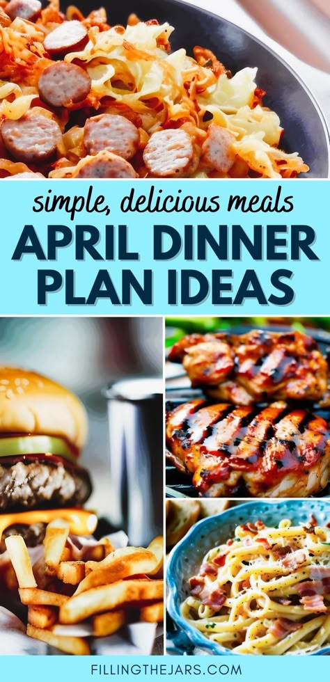 Text April dinner plan ideas on turquoise banner over multiple finished dinner images. April Meal Plan, Simple Dinner Recipes, Monthly Meal Plan, Dinner Menu Ideas, Spring Recipes Dinner, Holiday Meal Planning, Weekly Dinner Menu, Spring Meals, Meal Planning Menus