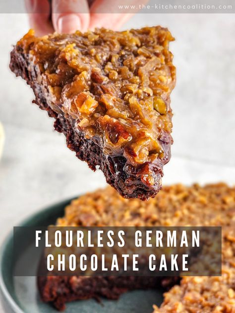 Dive into chocolate heaven with my reciep for Flourless German Chocolate Cake! Rich, fudgy, and utterly irresistible, this gluten-free dessert is a perfect for any occasion. Topped with chocolate ganache and the best sticky-sweet coconut pecan and caramel topping, it's a symphony of flavors that will tantalize your taste buds and have you coming back for seconds! Get ready to savor every bite! 🍰🍫 #dessert #flourless #recipe Chocolate And Coconut Desserts, Christmas Flourless Chocolate Cake, Paleo German Chocolate Cake, Vegan Gluten Free German Chocolate Cake, Vegan German Chocolate Cake, Gluten Free German Chocolate Cake, Coconut Pecan Frosting German Chocolate, Caramel Pecan Topping, Pecan Topping