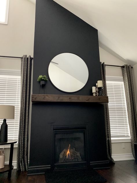 Semi Gloss Trim, Black Accent Wall Living Room, Behr Paint Colors Grey, Accent Wall Paint Colors, Fireplace Accent Walls, Black Brick Wall, Trim Paint, Behr Colors, Black Paint Color