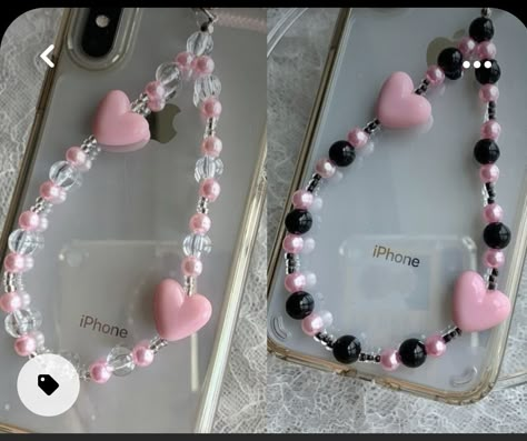 Black Pink Beaded Jewelry, Black And Pink Beaded Necklace, Pink And White Phone Charm, Phone Beads Strap Aesthetic, Cute Phone Charms Diy, Pink Phone Charm Aesthetic, Handmade Phone Charms, Phone Straps Beads Diy, Phone Strap Diy