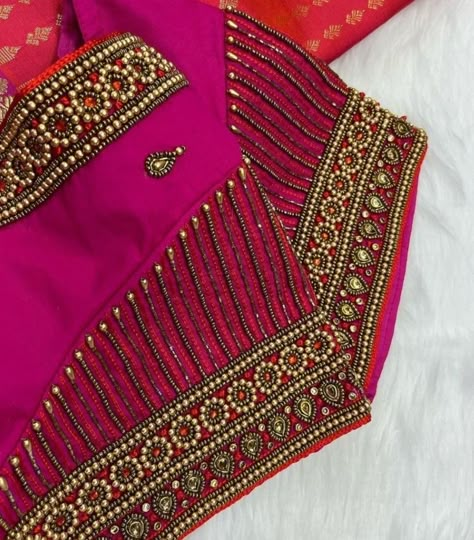 Aari Work Blouse Off Sleeve, Pink Colour Aari Blouse Designs, Off Hand Aari Work Blouse, Latest Simple Aari Work Blouse Designs, Simple Aari Work Blouse Design, Exclusive Blouse Designs, Aari Blouse Design, Magam Work, Blue Blouse Designs