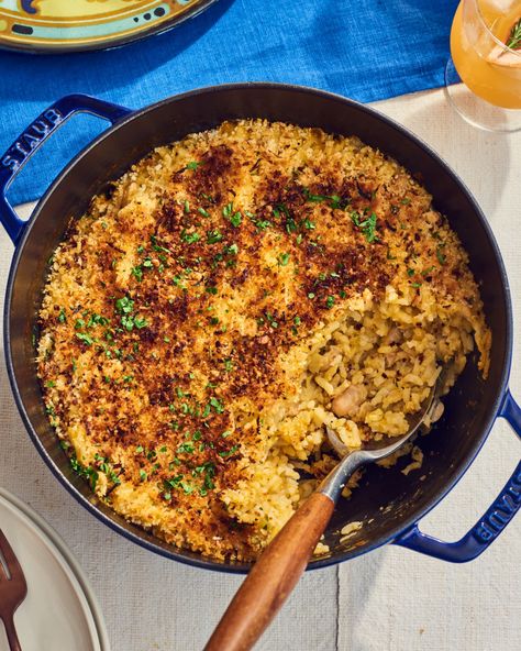 Baked Risotto with White Beans, Herbs, and Lemon Recipe (Vegan) | Kitchn Lemon Recipes Vegan, Bean Risotto, Baked Risotto, Orzo Dishes, Lemon Recipe, Slow Cooker Lasagna, Ground Beef Tacos, Spicy Salsa, Lasagna Soup