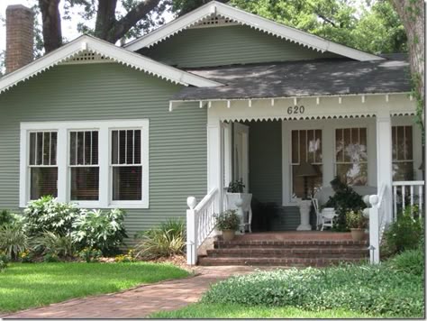 little green cottage. (fiction) House #4, west side of Fourth St. South in Stillwater Springs. X. Love the 4 over 1 windows Green Exterior House, Craftsman Bungalow Exterior, Green House Exterior, Green Siding, Exterior House Paint, Green Exterior, Gray House, Exterior House Color, Bungalow Exterior