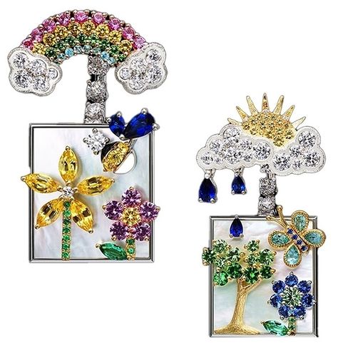 Multi-gem earrings with mother-of-pearl from "Les Jardins de la Couture” by Victoire de Castellane/Dior Couture Earrings, Jewelry Sketch, Victoire De Castellane, Ear Pins, Jewellery Sketches, Gem Earrings, Contemporary Jewelry, High Jewelry, Jewelry Trends