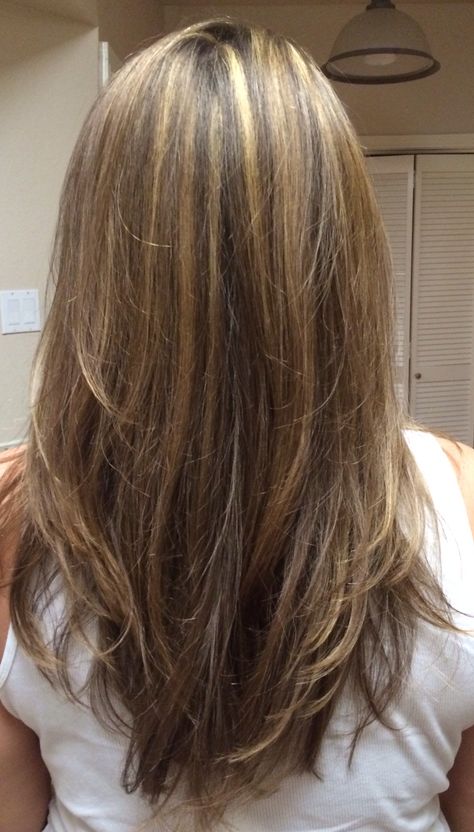 Wella Color Highlights in a honey tone done @ Tease Color & Style Bar in Houston, TX Hair Highlights For Medium Hair, Mid Short Layered Haircuts, Layers Hair With Highlights, Haircuts For Mid Length Hair With Layers, Long Layers On Mid Length Hair, Basic Highlights Hair, Mid Length Hair With Light Layers, Mid Length Hair Highlights, T Bar Highlights