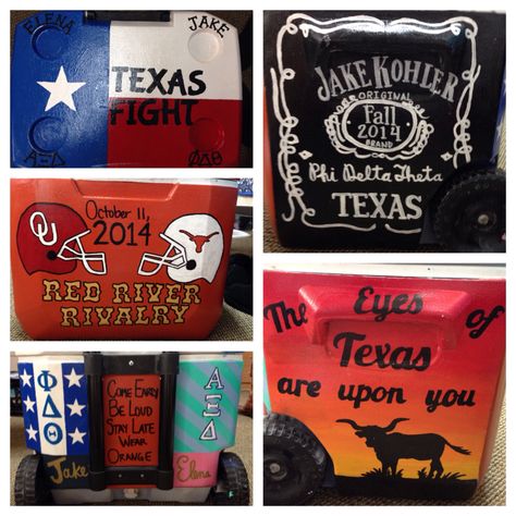 Texas-OU cooler 2014! Texas Ou Cooler Ideas, Tx Ou Cooler, Texas Ou Cooler, Texas Ou Weekend, Painted Fraternity Coolers, Painted Coolers, Phi Kappa Psi, Fraternity Coolers, Phi Delta Theta