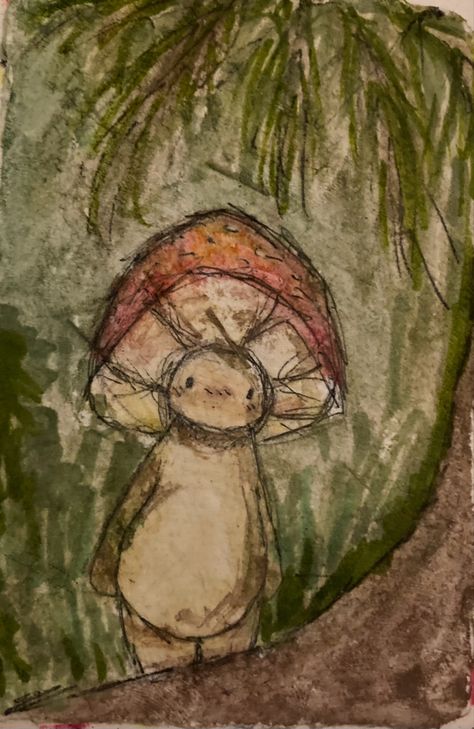 Easy Drawings Fairycore, Enchanted Drawing Ideas, Mushroom Dude Drawing, Cool Mushroom Art, Sketch Book Mushroom, Watercolor Art Cottagecore, Mushroom Drawing Watercolor, Mushroom Realistic Drawing, Magical Mushroom Drawing