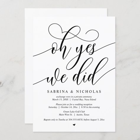 Wedding Elopement Party, Oh Yes, We Did Invitation Wedding Cookout, Elope Reception, Wedding Reception Invites, Post Elopement Party, Wedding Guide Checklist, Wedding Ideas October, Reception Invites, Elopement Invitations, Reception Invite