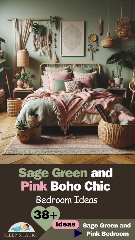 Pink And Green Maximalist Bedroom, Pale Pink And Green Bedroom, Lavender And Sage Green Bedroom, Boho Bedroom Green Walls, Light Pink And Green Bedroom, Pink And Green Boho Bedroom, Sage Boho Bedroom, Bedroom Sage Green Walls, Boho Bedroom Wall Colors