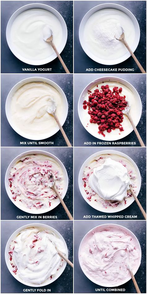 Raspberry Fluff (4 Ingredients!) - Chelsea's Messy Apron Raspberry Cheesecake Fluff, Raspberry Salad Recipes, Raspberry Fluff, Cheesecake Fluff, Raspberry Salad, Whipped Yogurt, Yogurt Dessert, Raspberry Yogurt, Chelsea's Messy Apron