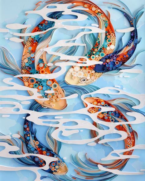 Yulia Brodskaya в Instagram: «Five Koi. Each koi represents a family member and features a special color chosen by that person, yet all five koi look coherent as one…» Yulia Brodskaya, Family Artwork, Arte Quilling, Paper Mosaic, Paper Art Sculpture, Koi Art, Art Quilling, Paper Cutout Art, 3d Paper Art