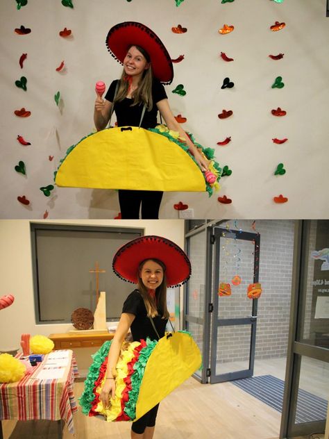 Mexican Theme Party Costume, Mexican Fancy Dress Diy, Diy Taco Costume, Mexican Dress Up Party Costumes, Mexican Dress Up Costume Diy, Mexican Fiesta Party Costumes, Tapatio Costume, Mexican Fiesta Costume, Mexican Inspired Halloween Costumes