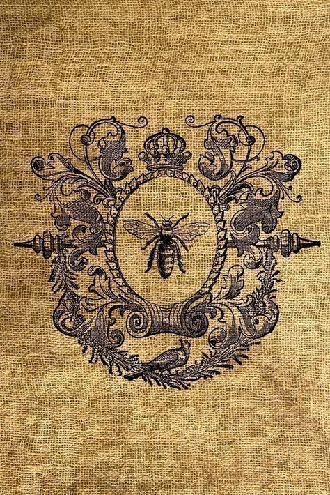 wall Honey Bee Wall Art by Chad Barrett from Great BIG Canvas. Vintage Bee art in classic home decor Burlap Embroidery, Victorian Prints, Bee Stamp, Hantverk Diy, Baroque Frame, Burlap Background, Bee Stuff, I Love Bees, Vintage Bee