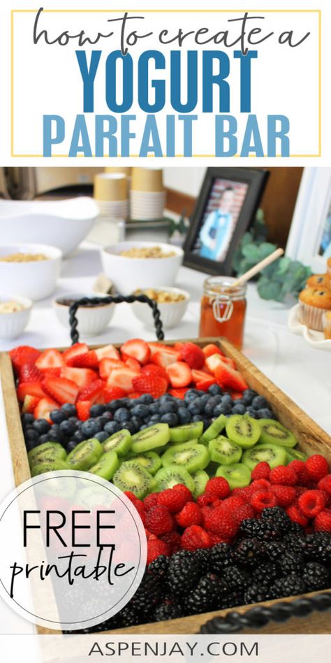 How to Create an Epic Yogurt Parfait Bar - Aspen Jay Beach Theme Breakfast Ideas, Easter Yogurt Parfait, Yogurt Parfait Station, Yogurt And Granola Bar, Breakfast Yogurt Bar Ideas, Yoghurt Parfait Bar, Make Your Own Parfait Bar, Diy Yogurt Parfait Bar, Teacher Breakfast Buffet