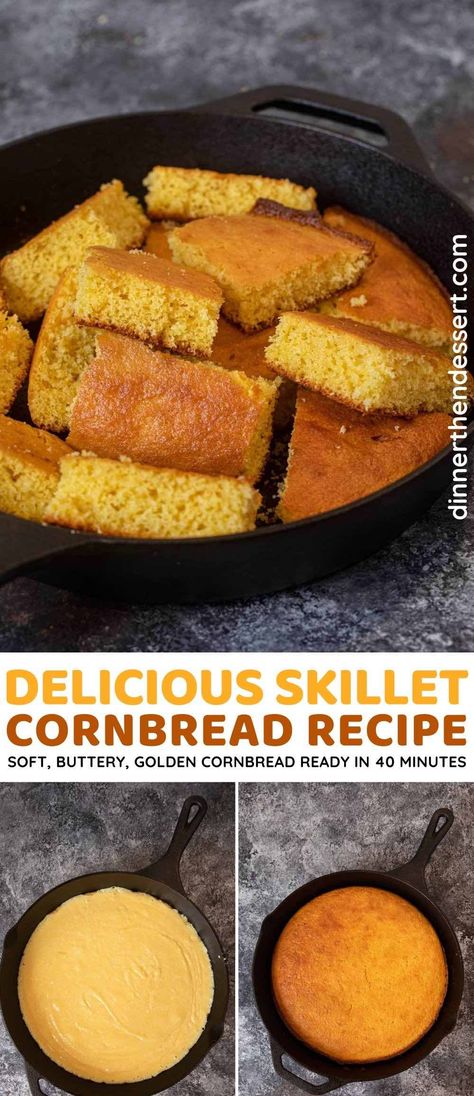 Skillet Cornbread is soft, buttery, and baked to golden perfection. Made with simple pantry ingredients and ready in just 40 minutes! The perfect BBQ side dish! Easy Skillet Cornbread, Super Moist Cornbread, Skillet Cornbread Recipe, Bbq Meals, Sweet Potato Cornbread, Delicious Cornbread, Moist Cornbread, Slow Cooker Chicken Chili, Cornbread Easy