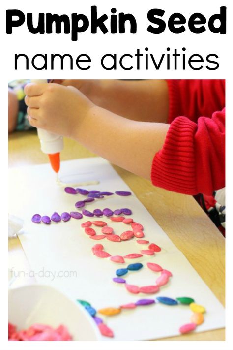 Learn how to dye pumpkin seeds for fun fall name activities. So many preschool learning skills are explored with these name activities. And the pumpkin seeds can be used for so many other pumpkin activities! #FunADay #Pumpkins #PumpkinActivities #Preschool #Preschoolers #PreschoolActivities #Names #NameActivities #FineMotorSkills Fall Name Activities, Seed Activities For Preschool, Seed Names, Pumpkin Seed Activities, Preschool Pumpkins, Preschool November, Prek Themes, October Preschool, Pumpkin Lessons