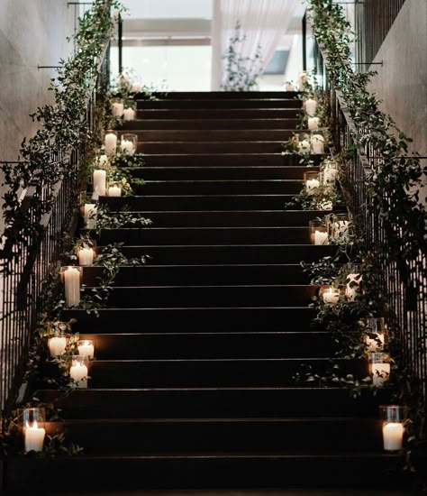 Stairs Floral Decor, Wedding Stairs Decoration Staircases, Candles Stairs Wedding, Wedding Stairs Flowers, Stairway Wedding Decor, Wedding Balcony Decor, Wedding Steps Decorations, Flower Staircase Wedding, Wedding Ceremony Walkway