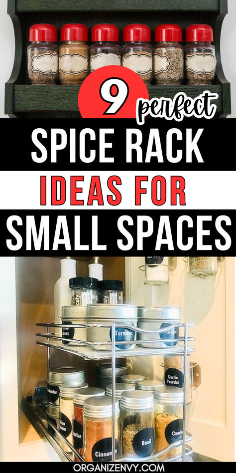 Spice bottles organized on spice racks in a kitchen Spice Organization Small Space Cupboards, Spice Storage Small Space, Kitchen Cabinets Organization Spices, How To Organize Spices, Cabinet Spice Organization, Diy Spice Rack Ideas Inside Cabinets, Spice Storage Ideas Inside Cabinets, Spice Rack For Small Spaces, Cabinet Spice Storage