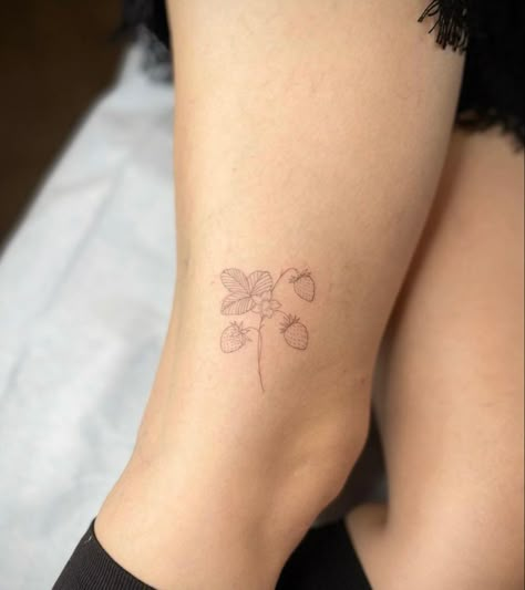 Strawberry Tree Tattoo, Wild Berries Tattoo, Strawberry Vine Tattoo Black And White, Strawberry Fields Forever Tattoo, Fine Line Strawberry Tattoo, Arm Tattoo Placement Ideas, Strawberry Fields Tattoo, Wild Strawberry Tattoo, Strawberry Flower Tattoo