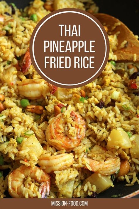 This authentic better-than-takeout Thai Pineapple Fried Rice is the perfect savory/sweet recipe to satisfy your cravings. Adding succulent shrimp to this colorful concoction provides a boost of protein and tons of flavor. Thai Pineapple Shrimp Curry, Thai Pineapple Fried Rice Recipe, Thai Curry Fried Rice, Thai Pineapple Rice, Thai Fried Rice Recipe Chicken, Shrimp Pineapple Recipes, Seafood Fried Rice Recipes, Shrimp And Pineapple Recipes, Thai Fried Rice Recipe Authentic