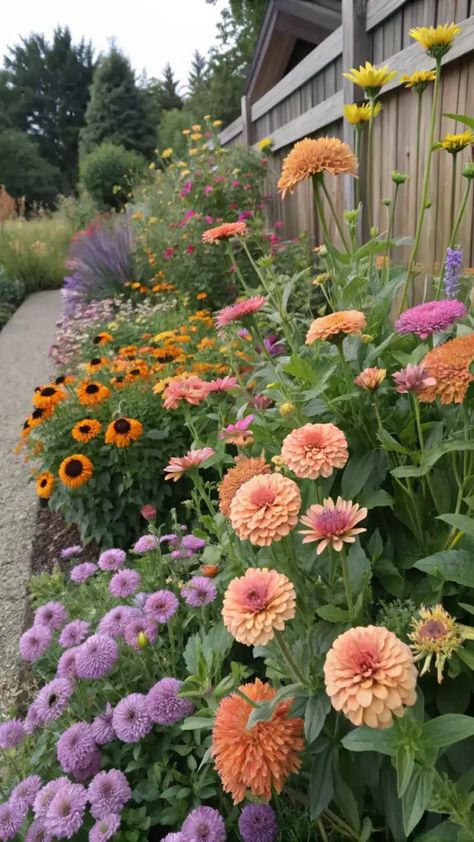 A lush sunflower and zinnia garden blooms along a wooden fence, featuring vibrant orange and peach zinnias mixed with purple asters. Towering sunflowers and varied foliage create depth, while a paved path runs alongside the colorful flower bed. The daytime lighting highlights the rich colors and textures of this garden border. Indiana Flower Bed Ideas, Hydrangeas And Sunflowers, Kitchen Garden With Flowers, Wildflowers Along Fence, Sunflower Beds Garden, Fence Line Flowers, Ohio Flower Garden, Stock Flower Garden, Missouri Flower Garden