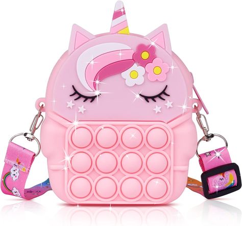 🍩【unicorn SHAPE】: This pop push it bag is a combination of pop fidget toy and messenger bag. It can be used as a bag that frees your hands to put things, and can also be used as a pressing toy to enjoy the fun of pressing. The cute unicorn look is a favorite design for kids. Pop Bag, Ice Cream Design, Xmas List, Fidget Toy, Pop It, Kids Hands, Cute Unicorn, Fidget Toys, Small Purse