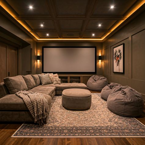 Cinema Basement Ideas, Minimalist Movie Room, Small Room Theater Ideas, In Home Theater Room, In House Movie Theater, Modern Movie Theater Room, Movie Room Lighting, Cozy Theater Room, At Home Theater Room