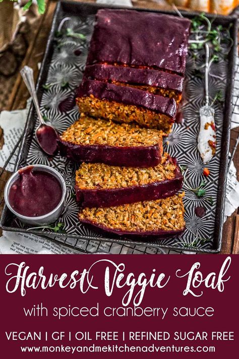 Brimming with feel-good ingredients, the perfect blend of Thanksgiving spices, and hearty texture, this comforting Harvest Veggie Loaf will have you running back for seconds. Glazed with a flavorful, spiced cranberry sauce, it's a quintessential fall favorite and Thanksgiving centerpiece. #wholefoodplantbased #vegan #oilfree #plantbased | monkeyandmekitchenadventures.com Veggie Loaf, Cranberry Glaze, Meatless Meatloaf, Nut Roast, Monkey And Me Kitchen Adventures, Monkey And Me, Vegan Meatloaf, Lentil Loaf, Vegan Meat