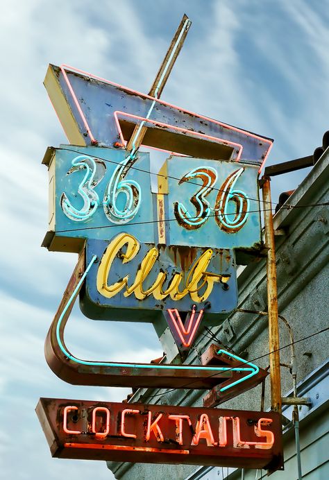 36 36 Club Cocktails Vintage Retro Neon Sign, Long Beach, California Googie Architecture Design Decor. Another Classic Vintage Roadside Neon Sign by Signs Across America! Retro Neon Signs look great anywhere in your house or business! Help Support Frank Short as he travels across America photographing old "Signs Across America". When you think Americana, vintage and neon signs are always part of the visual. In many small towns you can find a giant fading metal sign with neon tubes looking into t Old Diner Signs, Retro Americana Aesthetic, Soda Station, Retro Neon Signs, Club Cocktails, Hope Aesthetic, American Neon, Roadside Signs, Googie Architecture