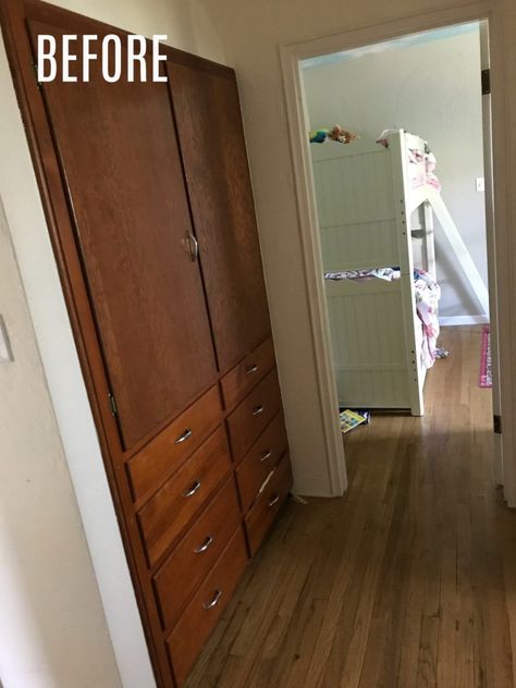 Built-In Linen Cabinets Update - I Dig Pinterest Hallway Cabinets Built In Makeover, 1950s Built In Closet, Old Linen Closet Makeover, Updating Old Built In Cabinets, Redo Built In Cabinets, 1950s Built Ins, Update Built In Wardrobes, Update Old Built Ins, Built In Wardrobe Revamp