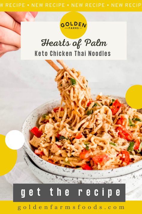 Obsessed with noodles? Get this guilt-free Chicken Thai Noodles recipe with a twist. Our hearts of palm noodles won’t disappoint. Palm Noodles Recipes, Hearts Of Palm Noodles Recipes, Thai Noodles Recipe, Thai Recipes Noodles, Chicken Thai, Chicken Garlic, Noodles Recipes, Hearts Of Palm, Thai Noodles