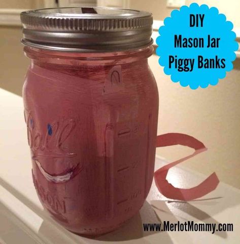 DIY Mason Jar Piggy Banks Diy Piggy Bank For Kids, Disney Savings Jar, Diy Piggy Bank, Piggy Bank Ideas, Mason Jar Bank, Piggy Bank Diy, Bank For Kids, Mason Jar Projects, Savings Jar