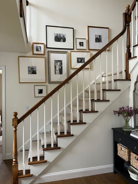 Family Photo Gallery Wall Stairs, Gallery Wall Over Stairs, Wall Gallery Stairs, Picture Frames Staircase Wall, Pictures In Stairwell Wall Ideas, Stair Gallery Wall Layout, Gallery Wall Stairwell, Picture Wall Ideas Staircase, Pictures Going Up Staircase