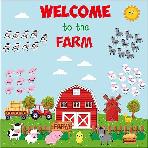 Package including: Welcome to the Farm classroom bulletin board decor set includes abundant cutouts, Large letter "Welcome to the Farm", 36 piece farm animals cutouts for name or blessing writed,, and 3 piece apples trees cutouts, Large red farm house, farm animals,barnyard, large meadow etc, come with 100 pieces glue point dots. Sufficient quantity and proper size for your classroom and home decoration. Suitable size: The Welcome to the Farm measures about 47.2 x 47.2 inches/ 120cm x 120cm Farm Animals Decorations Classroom, Farm Bulletin Board Ideas, Farm Classroom Decorations, Barnyard Classroom, Farm Classroom Theme Decor, Farm Bulletin Board, Wall Classroom Decor, Farm Vocabulary, Farm Classroom Theme