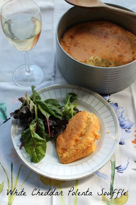 White Cheddar Polenta Souffle has a deep, rich flavor and a beautiful texture. Making a souffle isn't as hard as you think. It makes a lovely, light meatless meal with a green salad and a glass of wine. #soufflerecipe #cheesesouffle #meatlessrecipe Polenta Souffle, Cheddar Polenta, Spring Lunch, Cheese Souffle, Meatless Meal, Souffle Recipes, Souffle Dish, Cheesy Recipes, White Cheddar