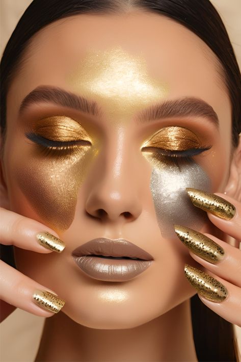 A close-up of a hand with gold-painted nails featuring shimmering gold, silver, and bronze shades Divine Makeup, Metallic Eyeshadow Palette, Metallic Makeup, Metallic Eyeshadow, Women's Beauty, Beauty Trends, Trending Now, Makeup Routine, Makeup Yourself