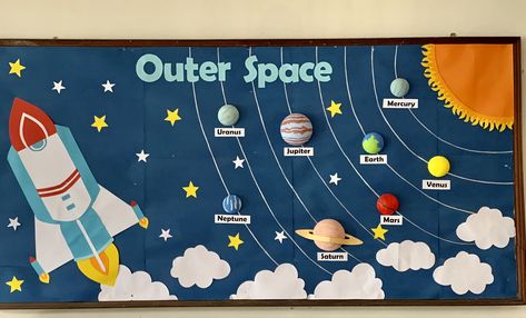 Solar System Science Project, Class Board Decoration, Solar System Nursery, Soft Board Decoration, Solar System Projects For Kids, Space Theme Classroom, Kindergarten Addition Worksheets, Solar System Projects, File Decoration Ideas