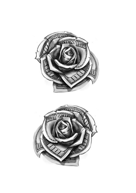 Flower Money Tattoo, Cash Rose Tattoo, Money Flowers Tattoo, Money Rose Drawing, Money Flower Tattoo, Rose Money Tattoo, Money Rose Tattoo Design, Money Rose Tattoo Stencil, Aces Tattoo