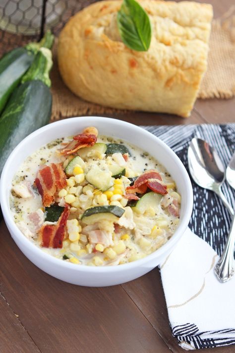 Creamy Zucchini Bacon Corn Soup Dutch Chicken Corn Soup, Bacon Soup Recipes, Creamy Zucchini, Bacon Corn, Chicken Corn Soup, Chicken Corn, Healthy Soups, Bacon Soup, Summer Vegetables