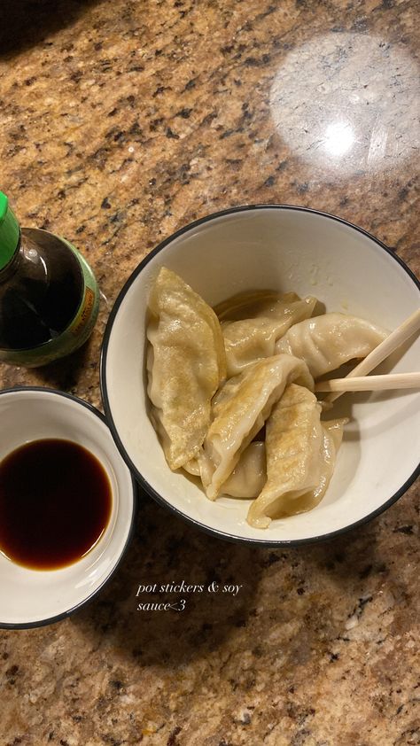 Potstickers Aesthetic, Pot Stickers Aesthetic, Dumplings Instagram Story, Dumpling Aesthetic, Dumplings Aesthetic, Pork Pot Stickers, Food Captions, Pot Stickers, Snack Treat