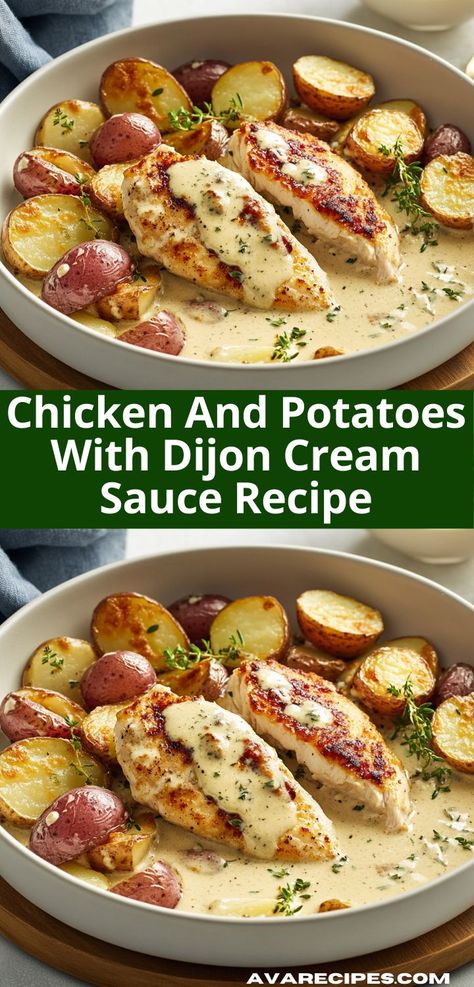 Enjoy a simple yet delicious chicken and potatoes meal, enhanced by a luscious Dijon cream sauce. This recipe offers a perfect balance of savory and tangy flavors, sure to please everyone. Creamy Dijon Sauce, Dijon Cream Sauce, Creamy Dijon, Buttery Potatoes, Golden Potatoes, Dijon Sauce, Cream Sauce Recipe, Chicken And Potatoes, Cream Sauce Recipes