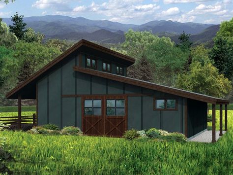 051B-0004 Modern 2-Stall Horse Barn with Turnout, Feed & Tack Rooms Double Shed Roof, Shed Roof House Plans, Shed Roof House, Shed Floor Plans, Plan Garage, Barn Plan, Horse Barn Plans, Modern Shed, Roof House