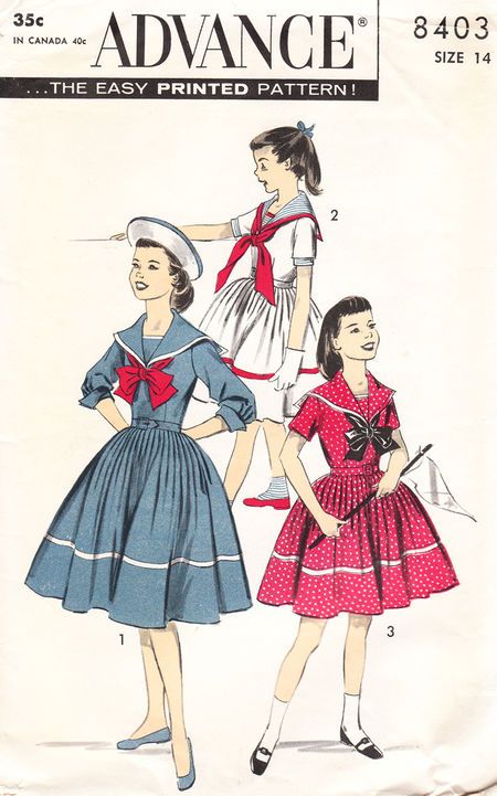 Advance 8403 Girls Sailor Dress, 1950s Girls, 1950s Sewing Patterns, Childrens Sewing Patterns, Girl Dress Pattern, Nautical Dress, Sewing Patterns Girls, Sailor Suit, Vintage Dress Patterns