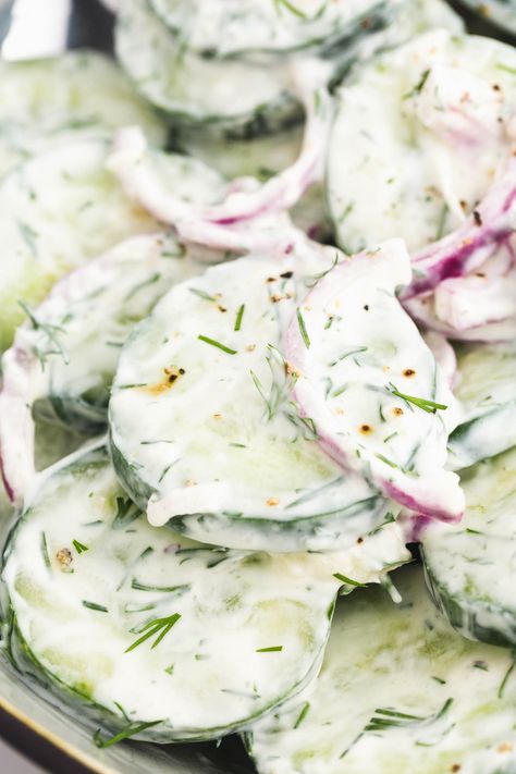 This old-fashioned Creamy Cucumber Salad with sour cream and dill is a summertime favorite, and so simple to make. Sour Cream And Dill Cucumber Salad, Creamy Cucumber Salad With Sour Cream, Old Fashioned Cucumber Salad, Creamy Dill Cucumber Salad, Cucumber Salad Sour Cream, Sour Cream Cucumber Salad, Cream Cucumber Salad, Creamed Cucumber Salad, Salad With Sour Cream