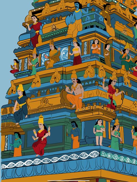 Temple Gopuram on Behance South Indian Temple Illustration, Gopuram Drawing, Indian Temple Illustration, Gopuram Painting, Devi Painting, Temple Gopuram, Temple Illustration, Arch Sketch, God Drawing