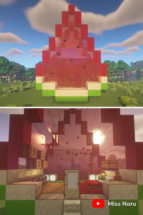 Minecraft Watermelon Build, Blueberry House Minecraft, Minecraft Watermelon House, Minecraft Fruit Build, Fruit Minecraft House, Minecraft Pool Floaties, Fruit House Minecraft, Minecraft Food House, Minecraft Fruit House