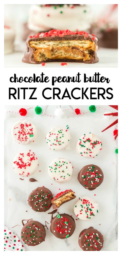 Chocolate Peanut Butter Ritz Crackers:  peanut butter sandwiched between two crackers, covered with chocolate and topped with sprinkles- a delicious holiday treat. Chocolate Covered Pb Ritz, Chocolate Covered Ritz Crackers With Peanut Butter, Chocolate Peanut Butter Crackers, Ritz Crackers With Peanut Butter Covered In Chocolate, Saltine Peanut Butter Chocolate, Chocolate Covered Peanut Butter Ritz Crackers, Chocolate Peanut Butter Ritz Cookies, Christmas Peanut Butter Crackers, Ritz Crackers And Peanut Butter