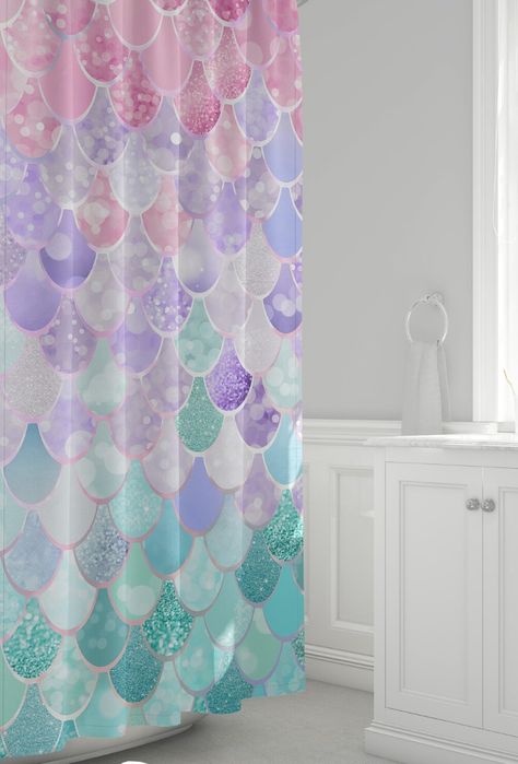 Home decor bathroom colors for a Mermaid bathroom. Pastel pink, teal and purple girls bathroom colors that will instantly create a lovely Mermaid theme bathroom that any girl will love!
Find this lovely girls shower curtain at:
https://etsy.me/2NheP14

#mermaid bathroom ideas #bathroom ideas girls #kids bathroom ideas decor Teen Shower Curtain, Mermaid Curtains, Colorful Mermaid, Mermaid Bathroom, Pink Shower Curtains, Kids Shower Curtain, Pink Showers, Pretty Bathrooms, Fish Scale Pattern